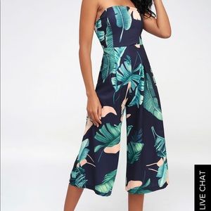 Navy Strapless Leafprint Jumpsuit